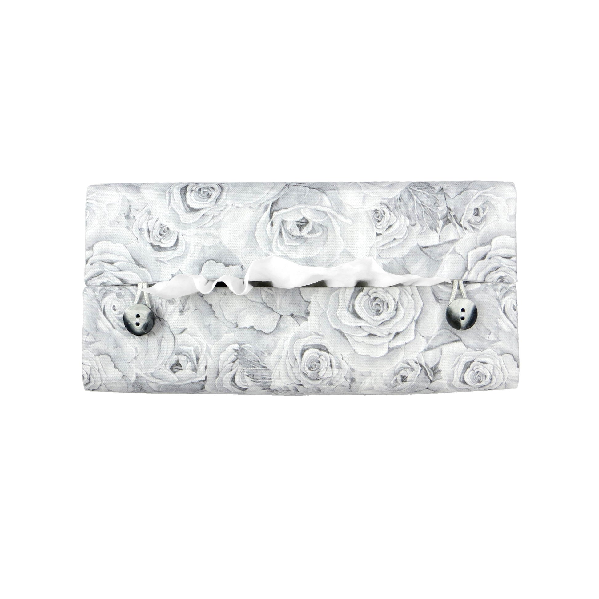 Cotton rectangle tissue box cover with light grey roses and white accent