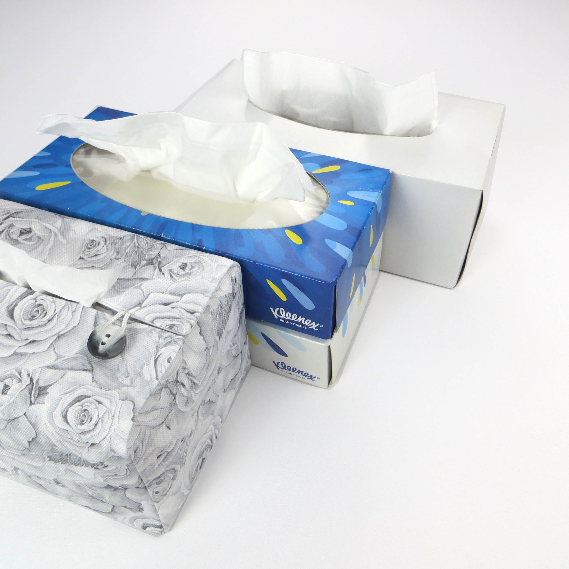 Cotton rectangle tissue box cover with light grey roses and white accent