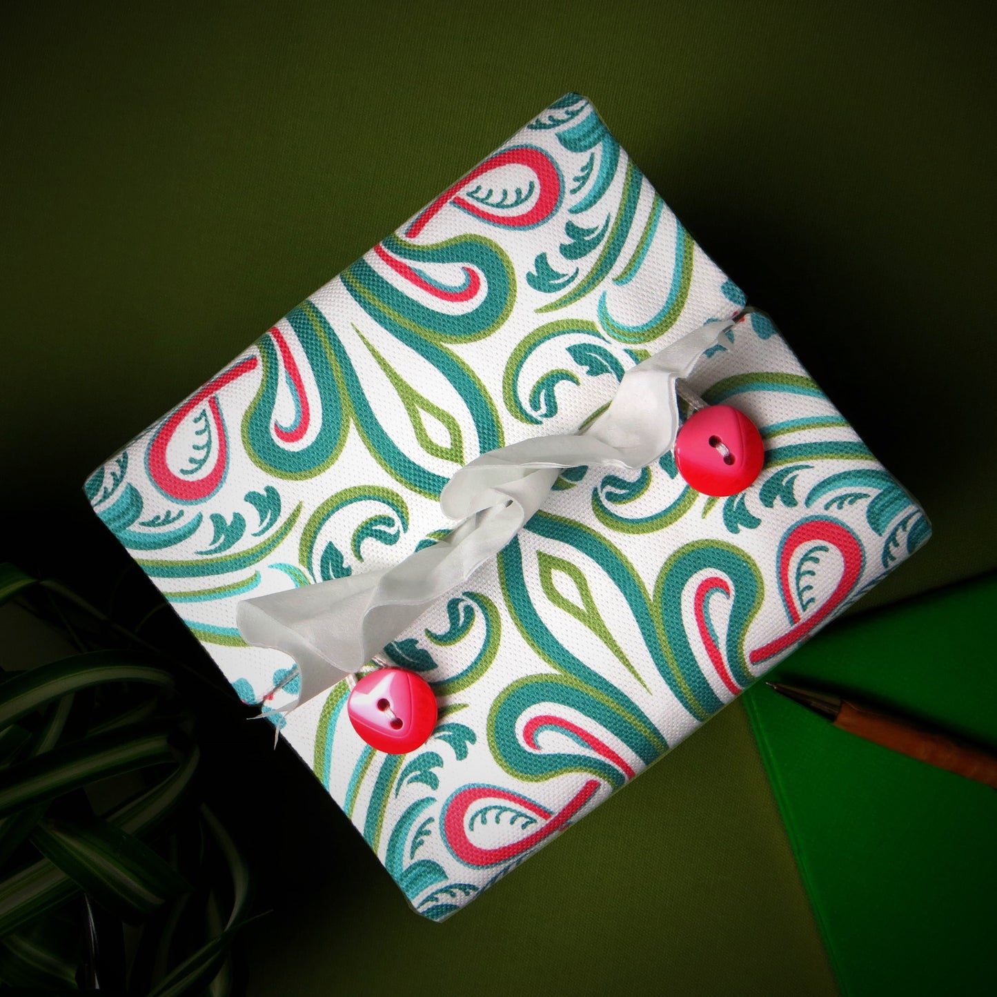 Cotton square tissue box cover with blue flowers and teal and red Victorian embellishment on white background