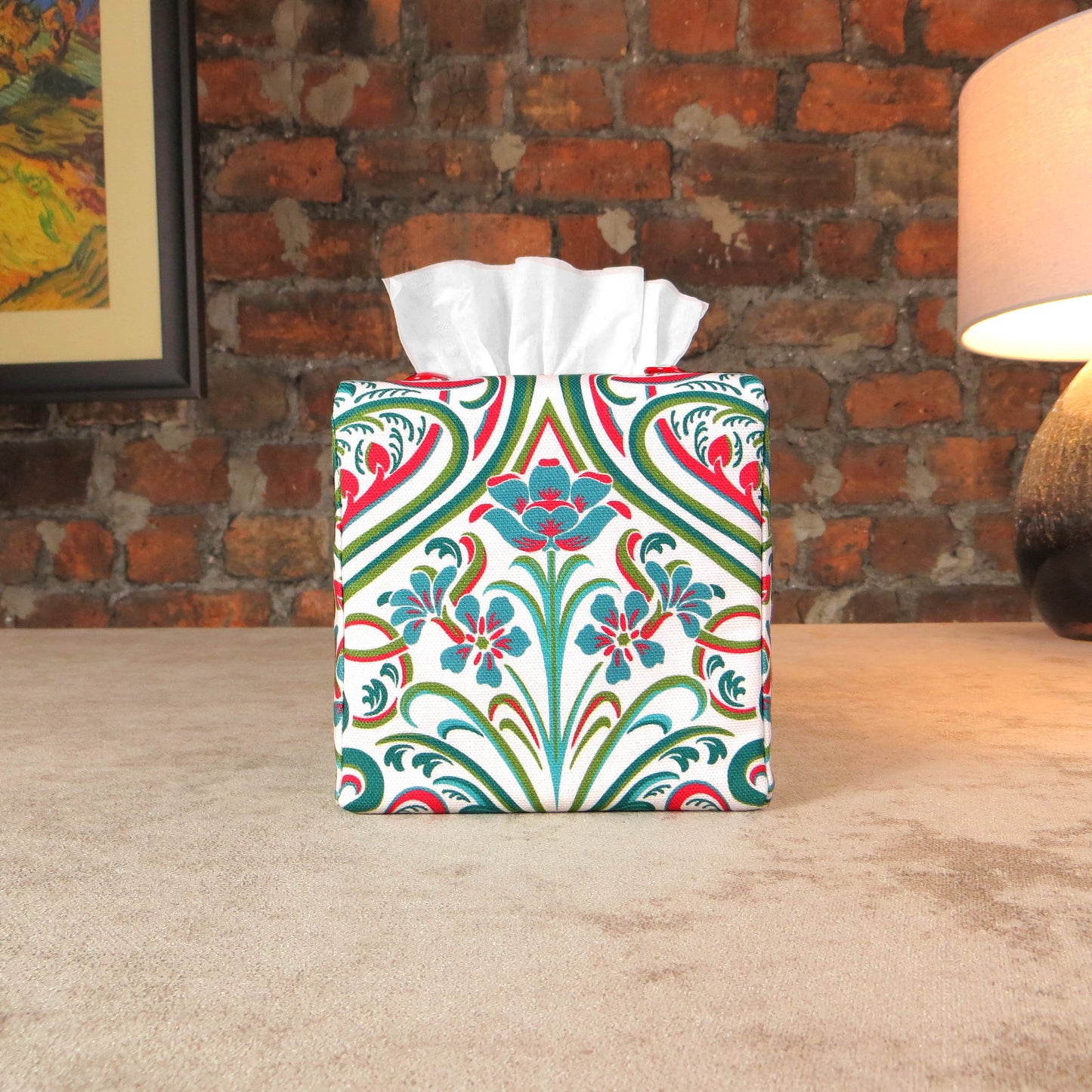 Cotton square tissue box cover with blue flowers and teal and red Victorian embellishment on white background