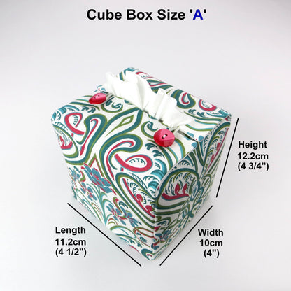 Cotton square tissue box cover with blue flowers and teal and red Victorian embellishment on white background