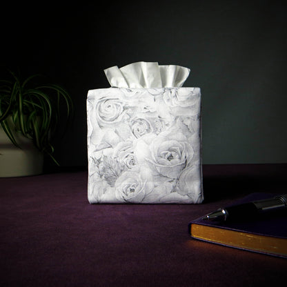 Cotton square tissue box cover with light grey roses and white accent