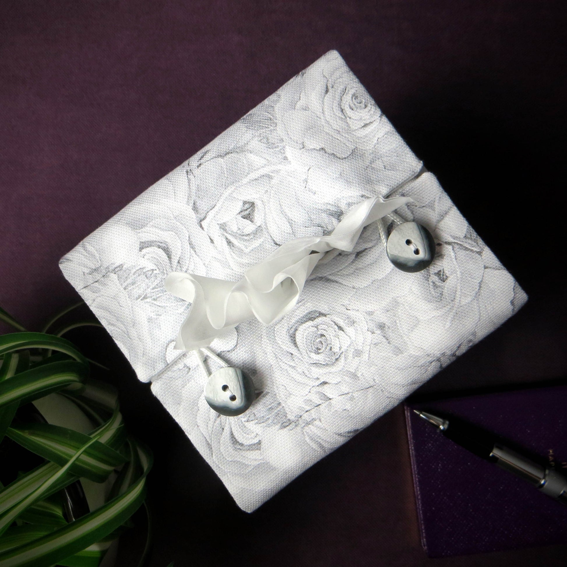 Cotton square tissue box cover with light grey roses and white accent