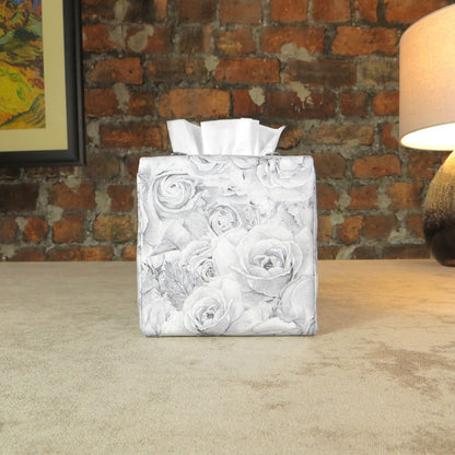 Cotton square tissue box cover with light grey roses and white accent