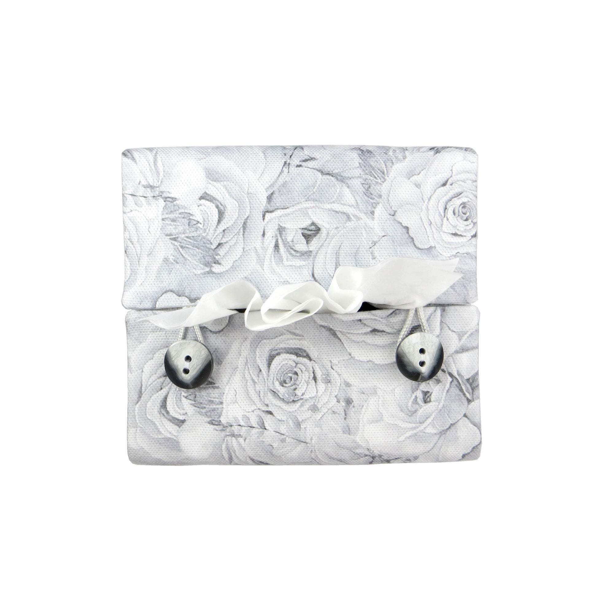 Cotton square tissue box cover with light grey roses and white accent