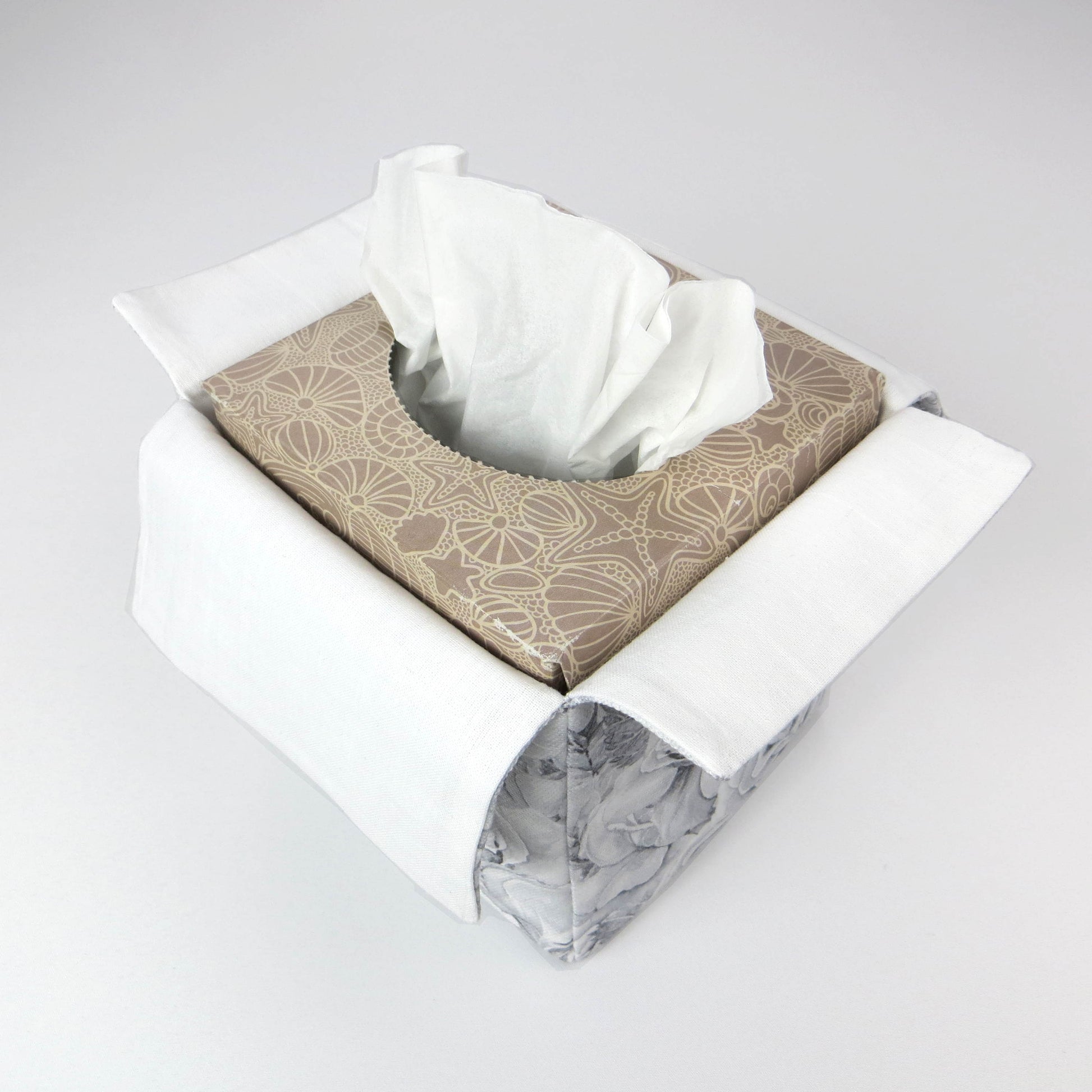 Cotton square tissue box cover with light grey roses and white accent