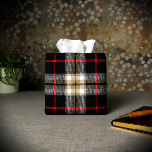 Woven brushed cotton square tissue box cover with black and tan tartan pattern with a red stripe