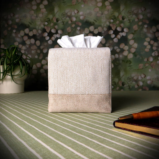 Square tissue box cover with beige herringbone pattern and beige velvet base