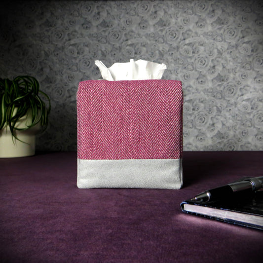 Square tissue box cover with mauve and grey herringbone pattern, and light grey velvet base.