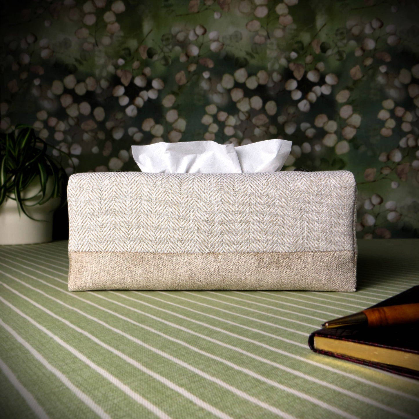 Rectangle tissue box cover with beige herringbone and velvet fabric