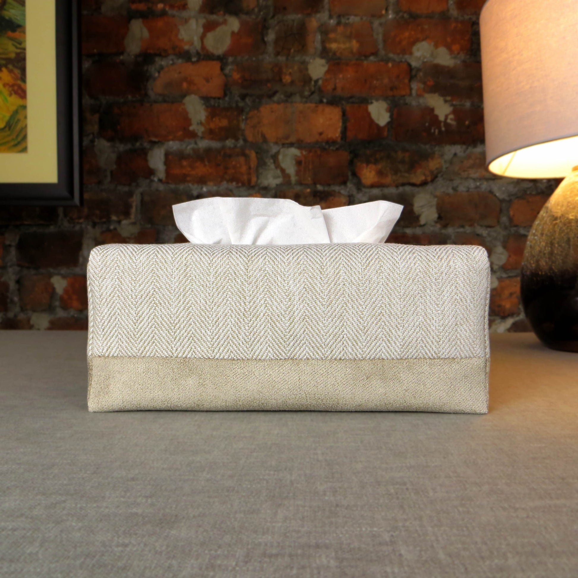 Rectangle tissue box cover with beige herringbone and velvet fabric