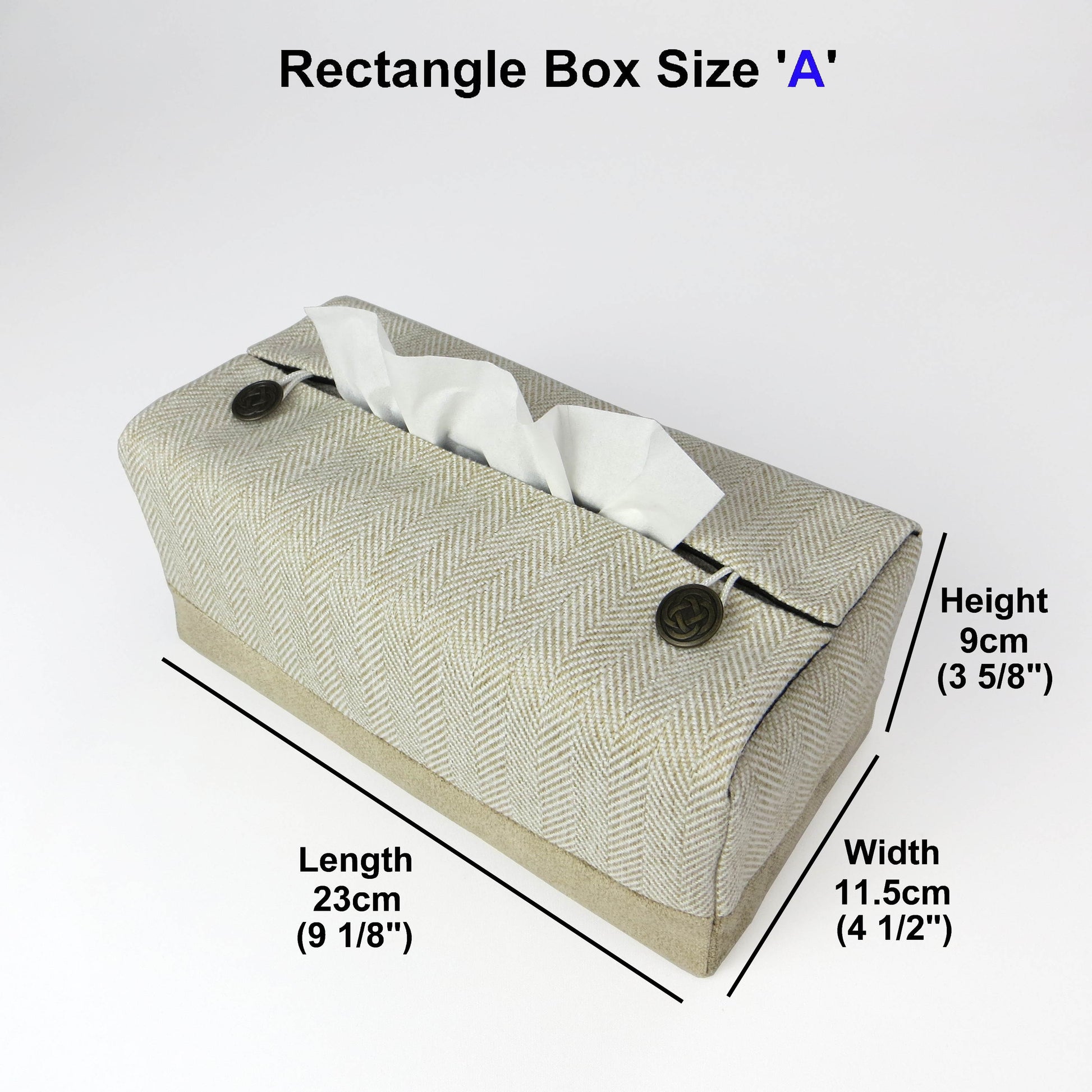 Rectangle tissue box cover with beige herringbone and velvet fabric