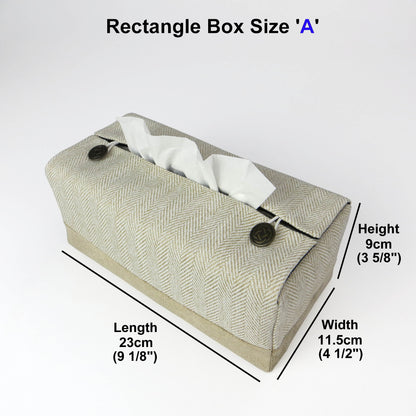 Rectangle tissue box cover with beige herringbone and velvet fabric