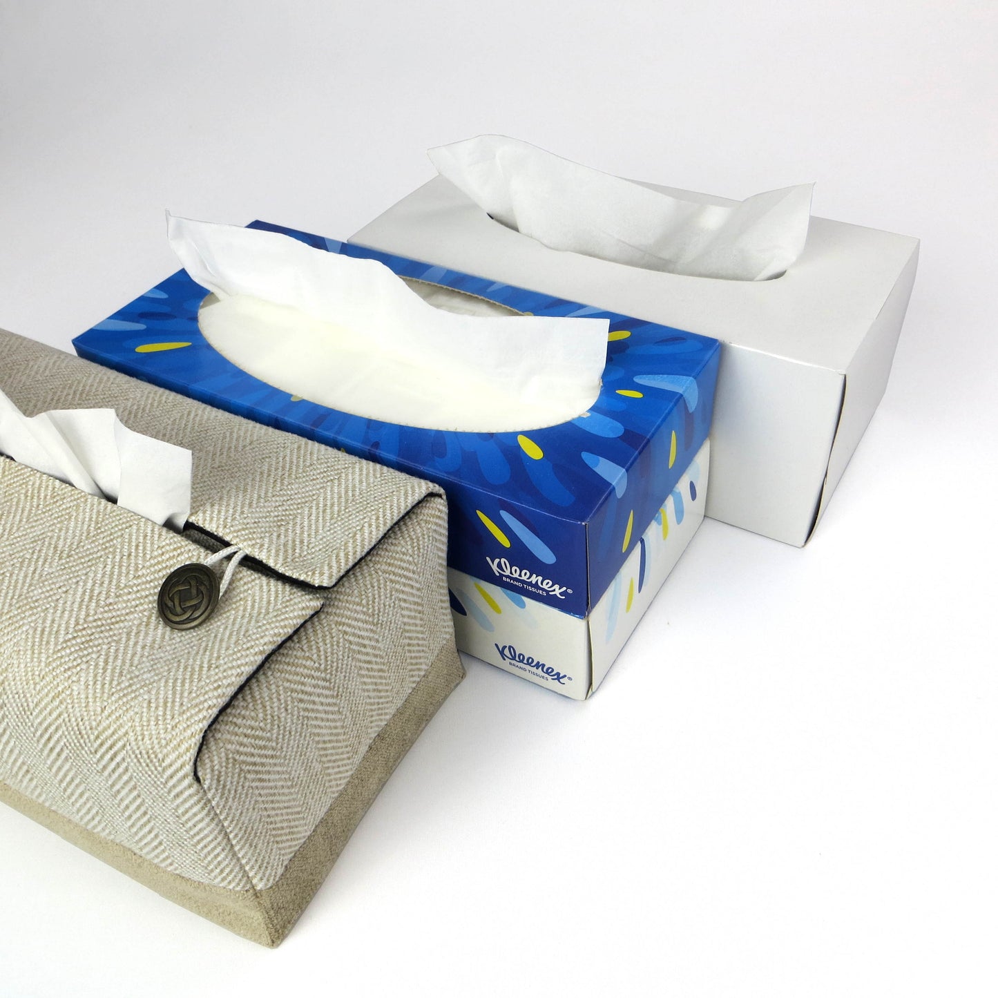 Rectangle tissue box cover with beige herringbone and velvet fabric