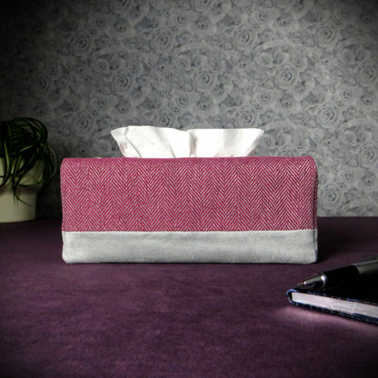 Rectangle tissue box cover with mauve and grey herringbone, and light grey velvet fabric