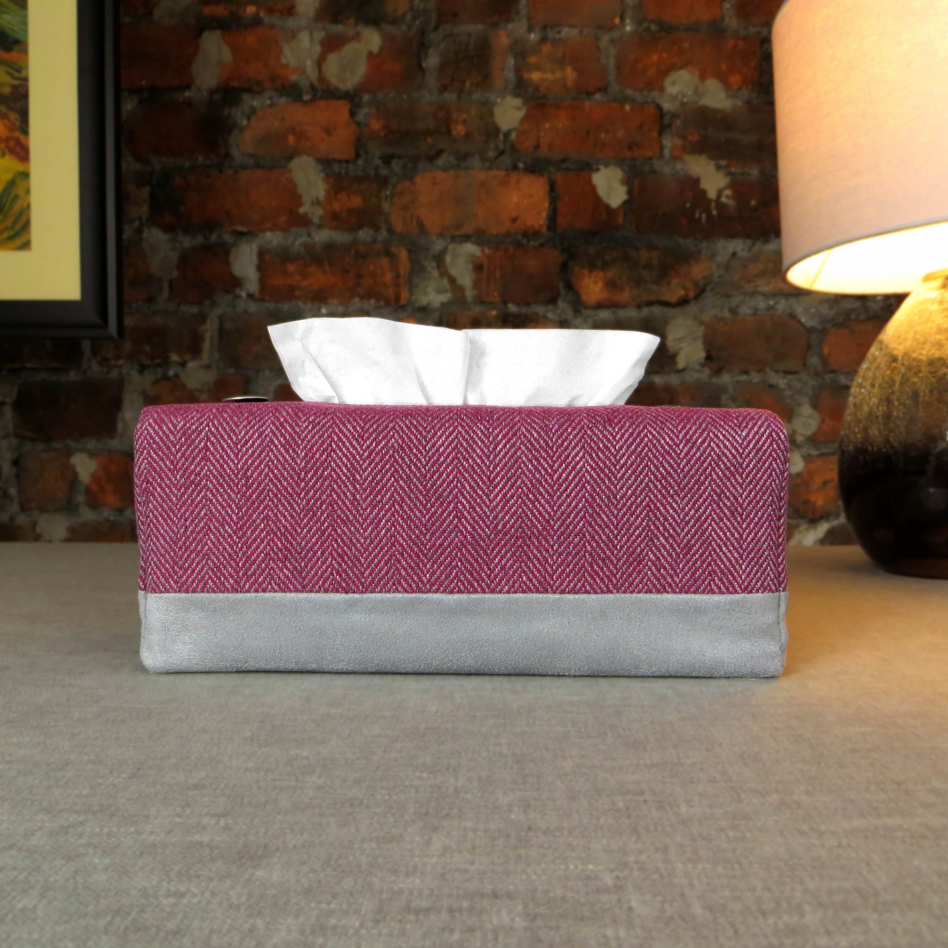 Rectangle tissue box cover with mauve and grey herringbone, and light grey velvet fabric