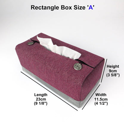 Rectangle tissue box cover with mauve and grey herringbone, and light grey velvet fabric