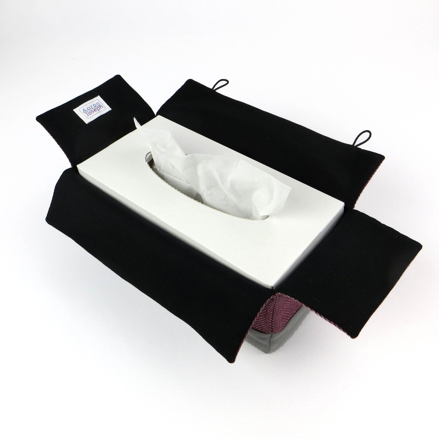 Rectangle tissue box cover with mauve and grey herringbone, and light grey velvet fabric