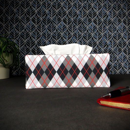 Rectangular tissue box cover with black, grey, and red argyle pattern