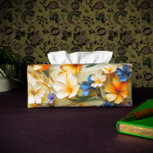 Rectangular tissue box cover with a multi-colour floral pattern