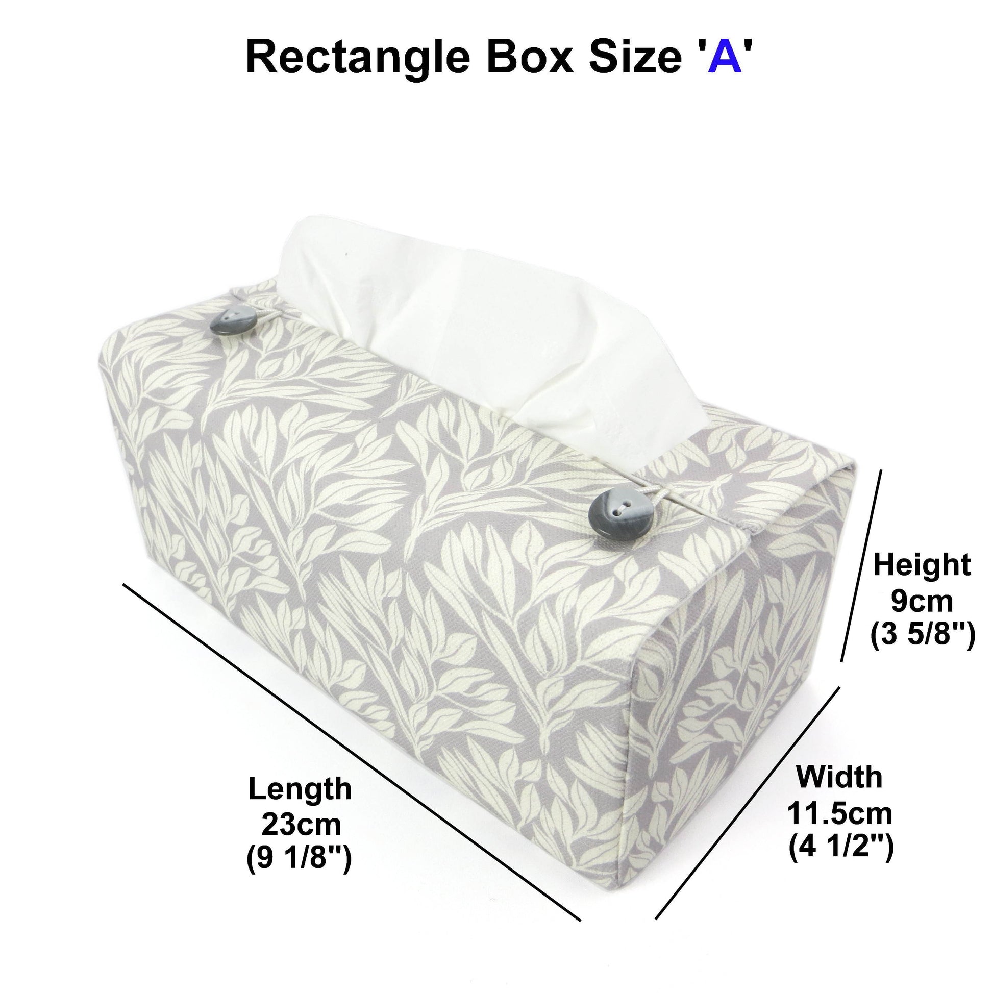 Linen rectangular tissue box cover with an off-white leaf pattern on a grey background