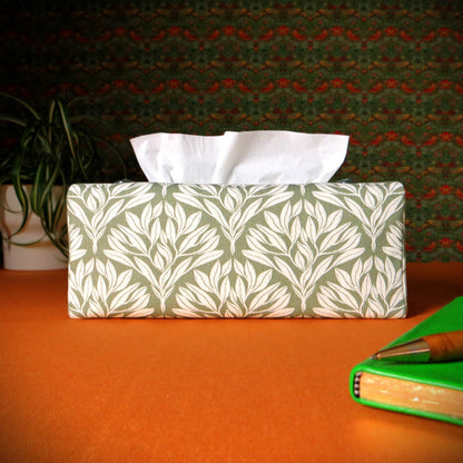 Rectangular Fabric Tissue Box Cover - Leaf Motif on Sage Green Linen