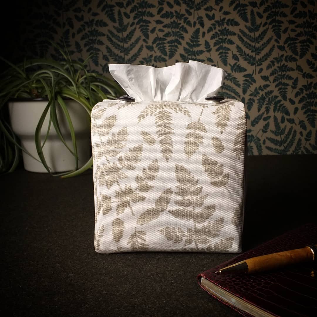 Square tissue box cover with natural fern pattern on off white background