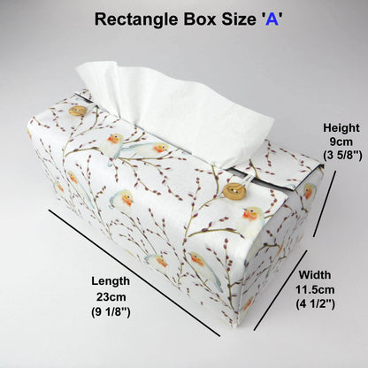 Rectangle tissue box cover with robins on branches design on white background