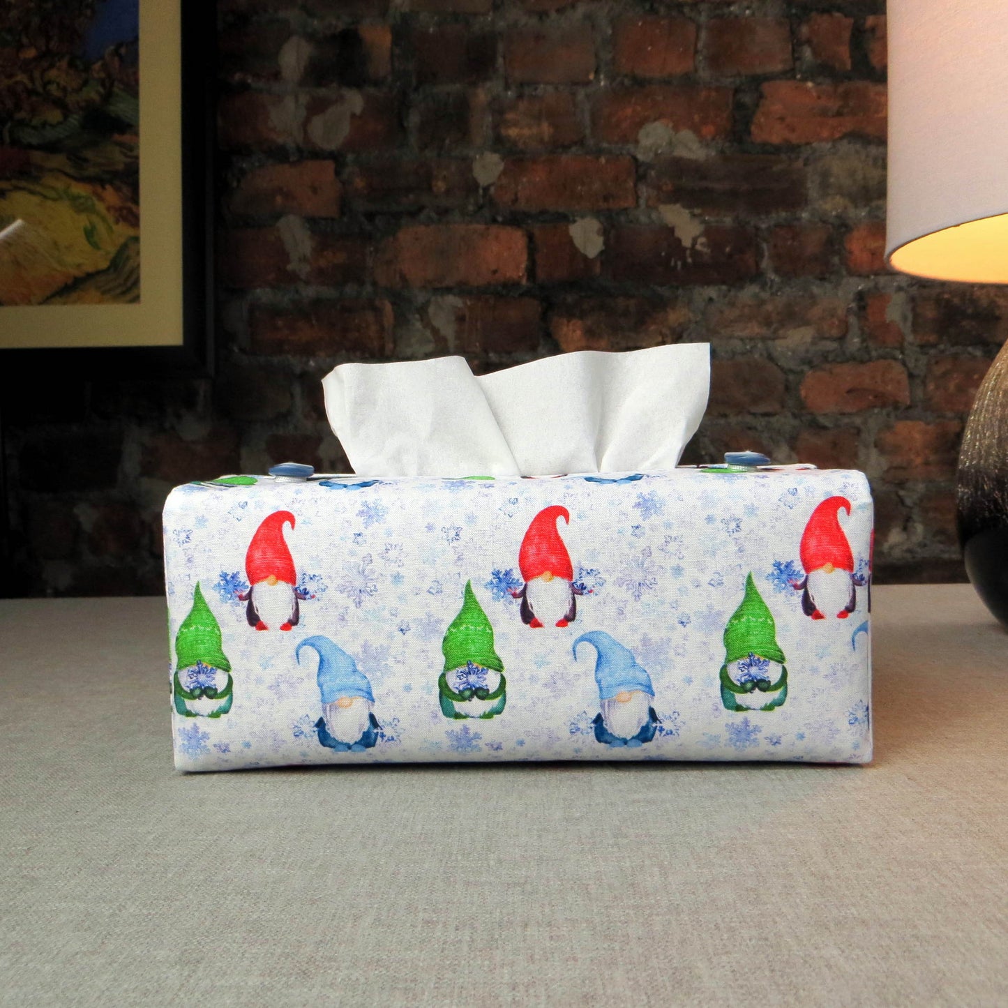 Rectangular Fabric Tissue Box Cover - Gnomes and Snowflakes Christmas Design