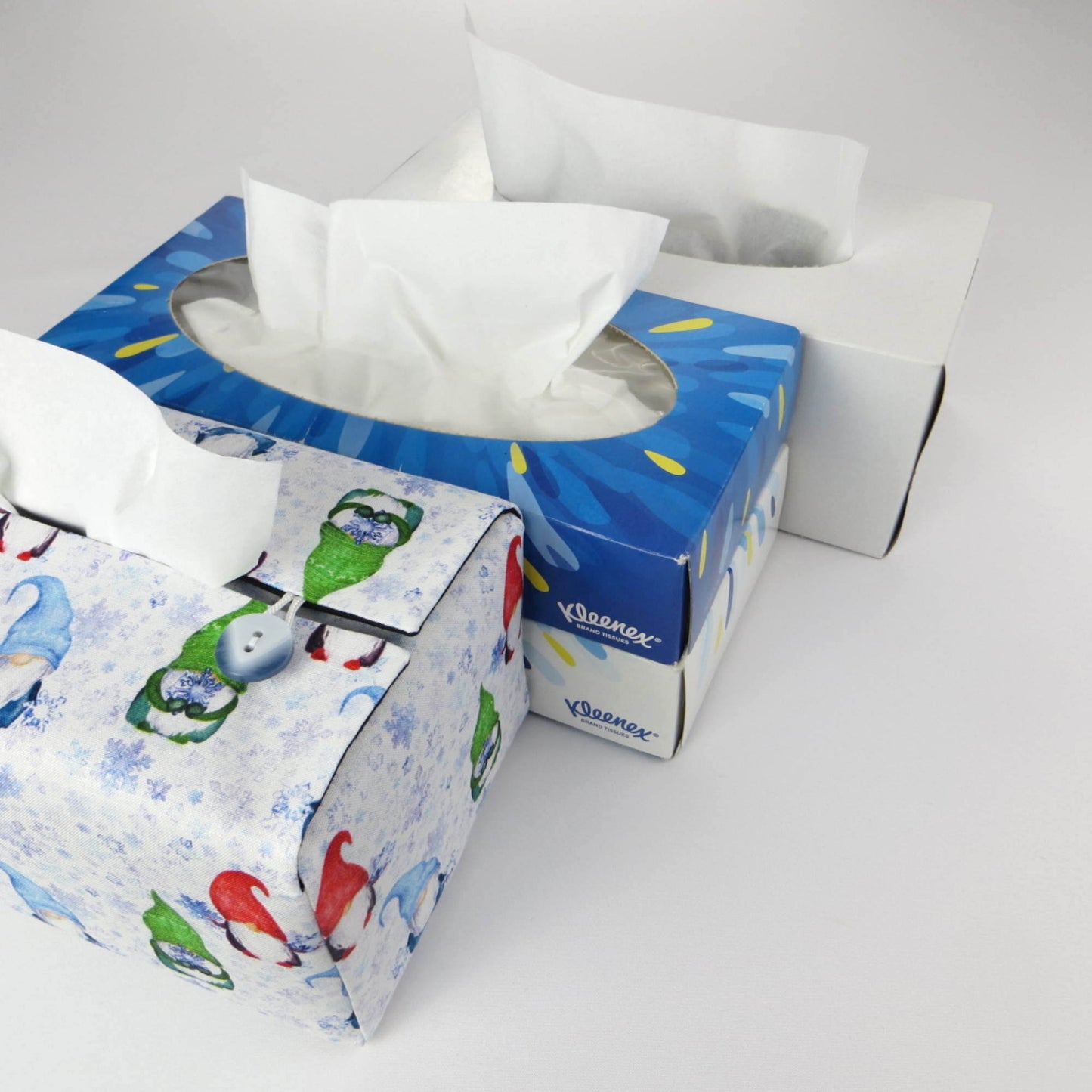 Rectangular Fabric Tissue Box Cover - Gnomes and Snowflakes Christmas Design