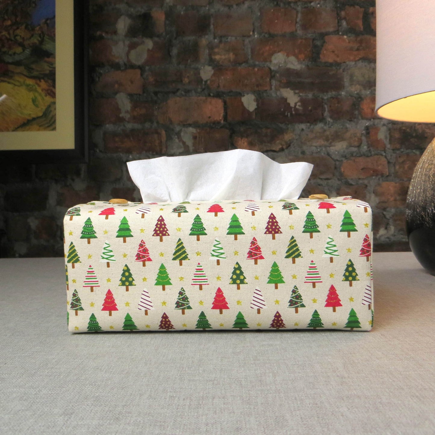 Rectangular Fabric Tissue Box Cover - Decorated Trees Christmas Design