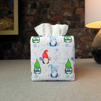 Cube Fabric Tissue Box Cover - Gnomes and Snowflakes Christmas Design