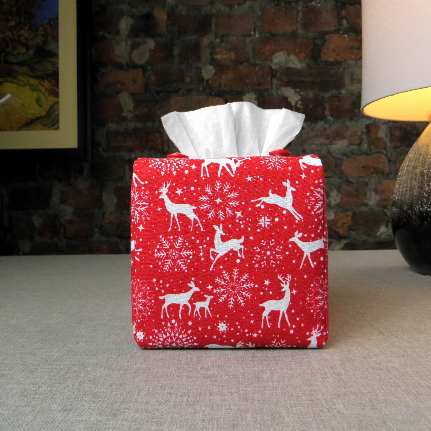 Cube Fabric Tissue Box Cover - Reindeer on Red Christmas Design