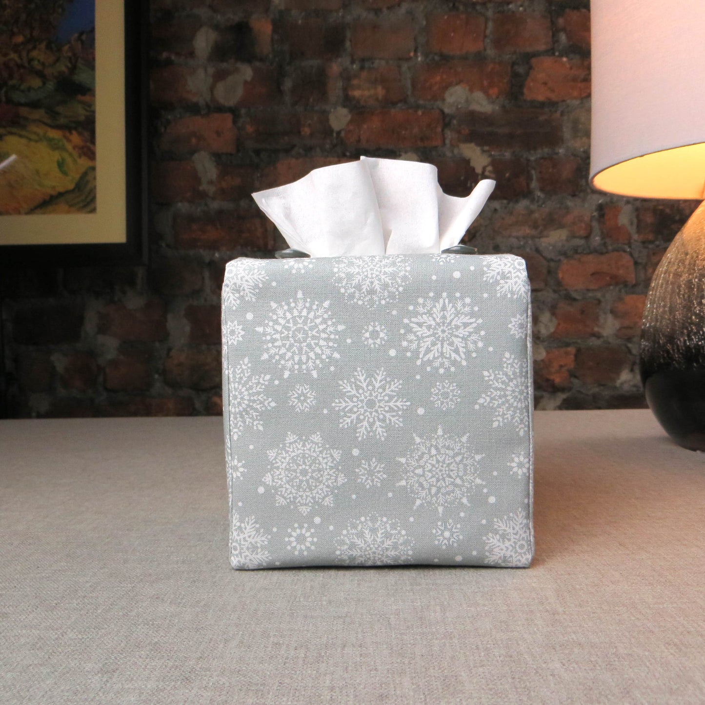 Cube Fabric Tissue Box Cover - Snowflakes on Grey Christmas Design