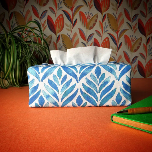 Cotton rectangle tissue box cover with blue watercolour style leaf pattern on white background