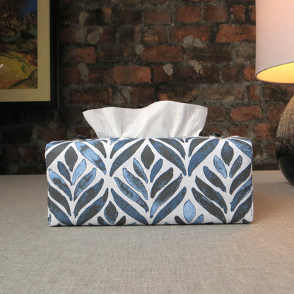 Rectangular Fabric Tissue Box Cover - Navy Watercolour Leaves