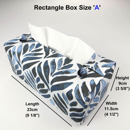 Rectangle tissue box cover with navy blue watercolour style leaf pattern on white background