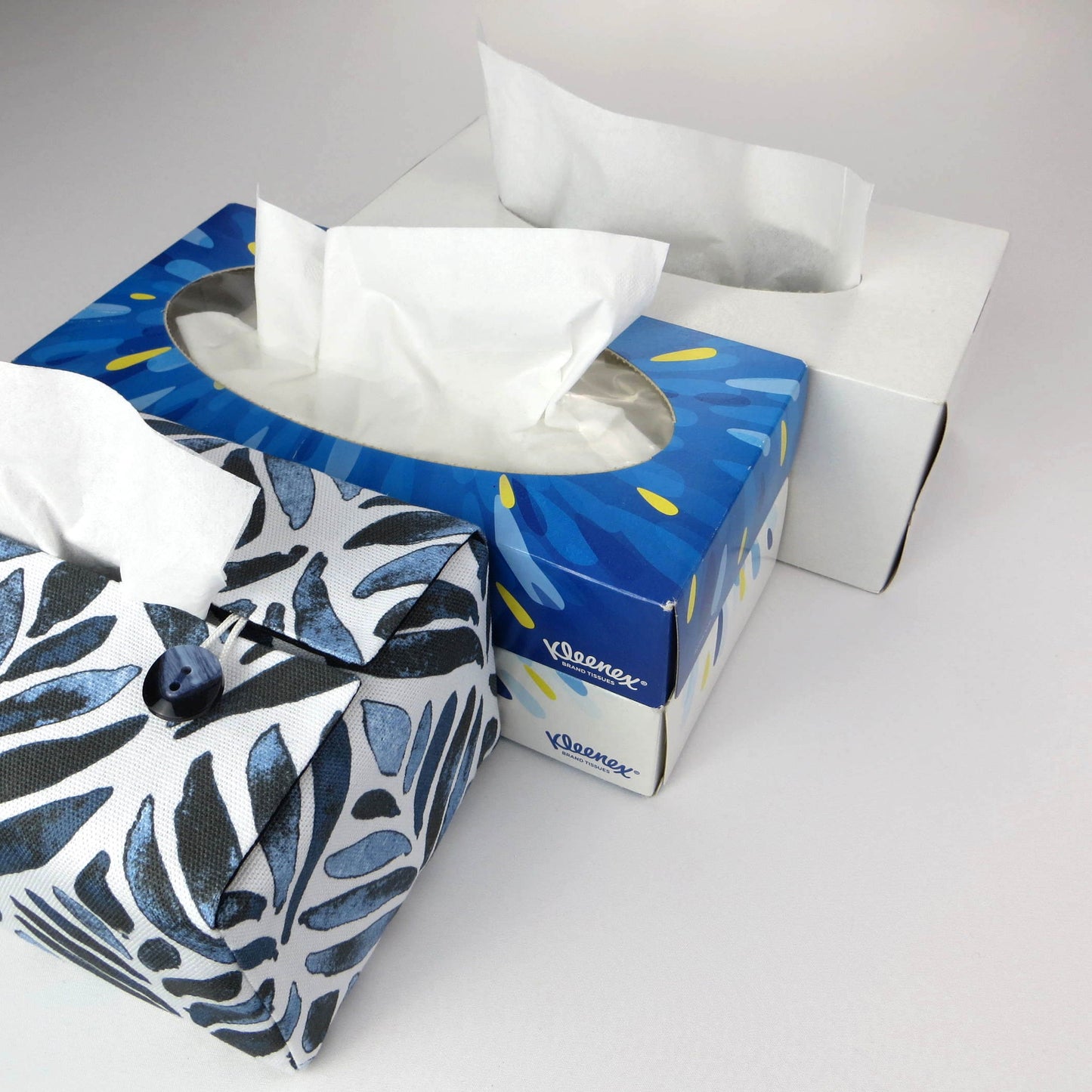 Rectangular Fabric Tissue Box Cover - Navy Watercolour Leaves