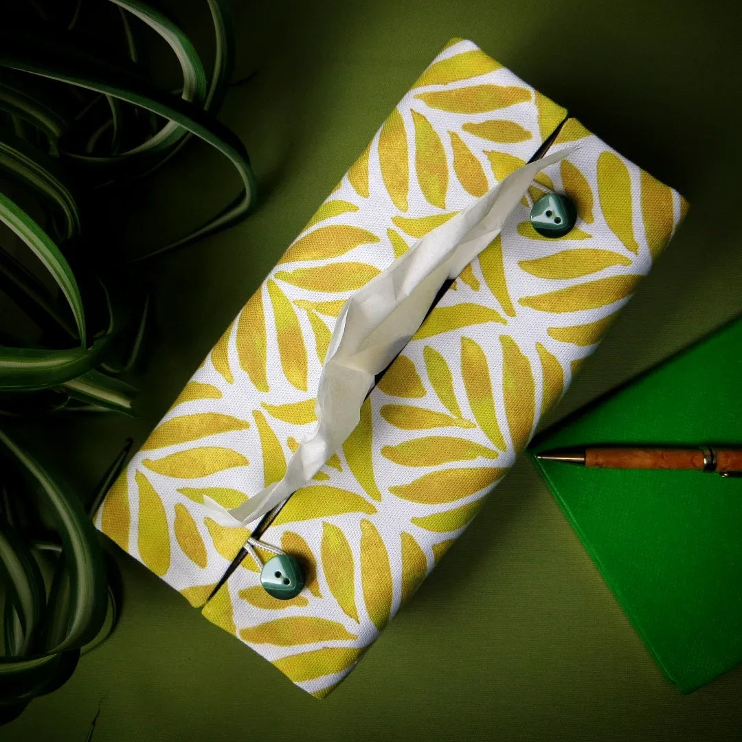 Rectangular Fabric Tissue Box Cover - Yellow Watercolour Leaves