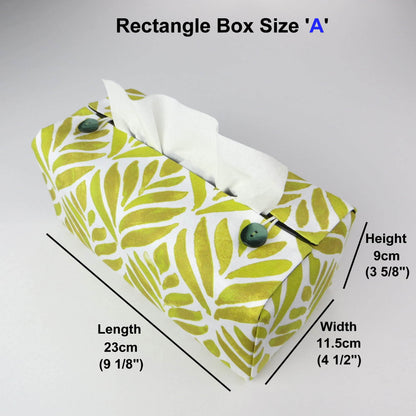 Rectangle tissue box cover with yellow watercolour style leaf pattern on white background