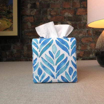 Cube Fabric Tissue Box Cover - Blue Watercolour Leaves