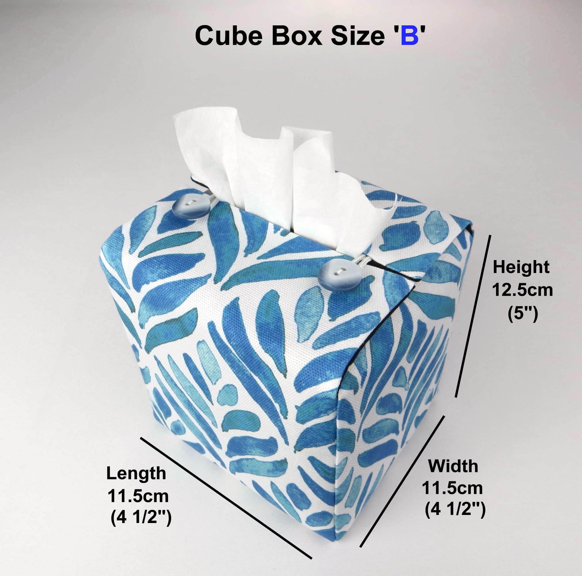Square tissue box cover with blue watercolour style leaf pattern on white background