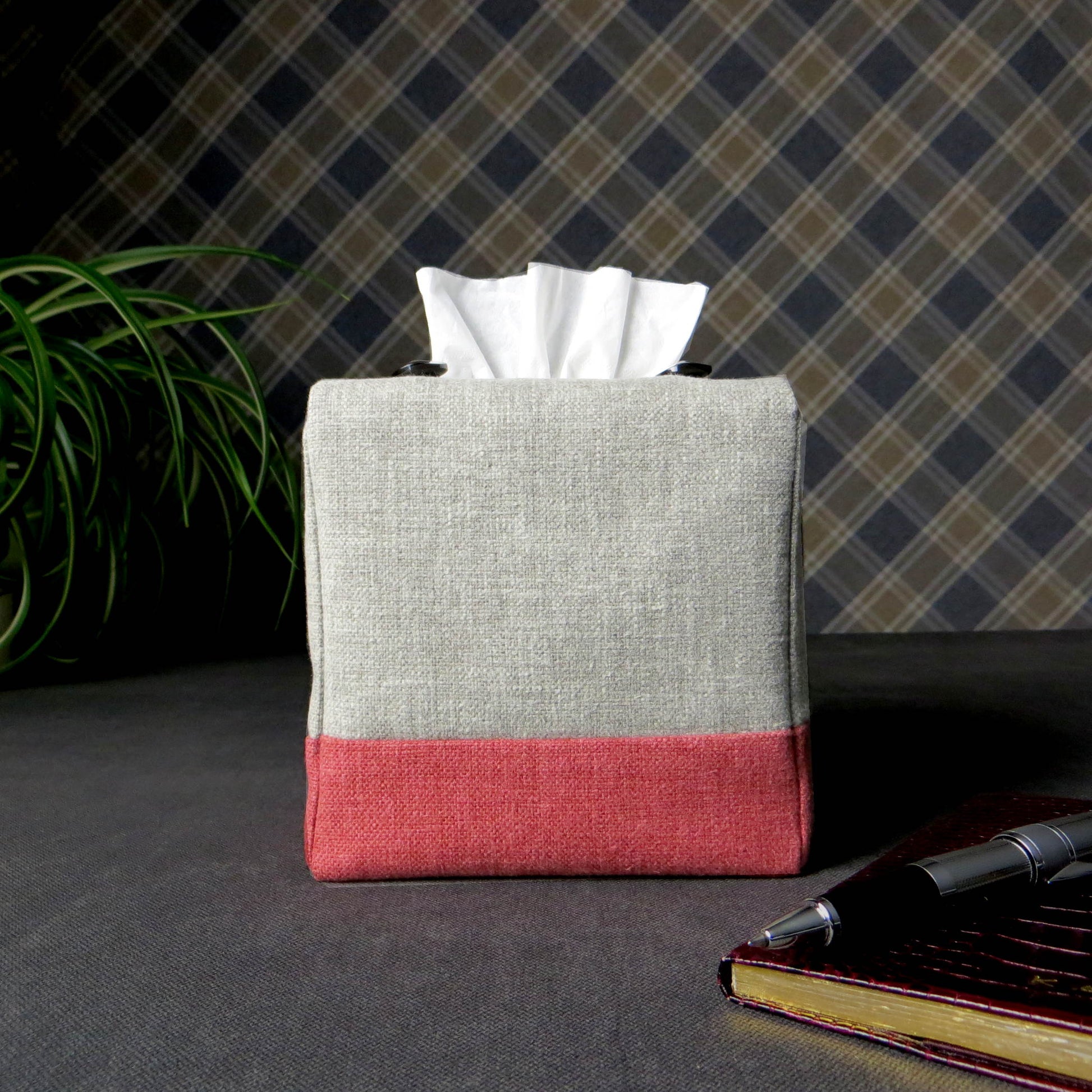 Square tissue box cover with taupe colour top and burgundy base