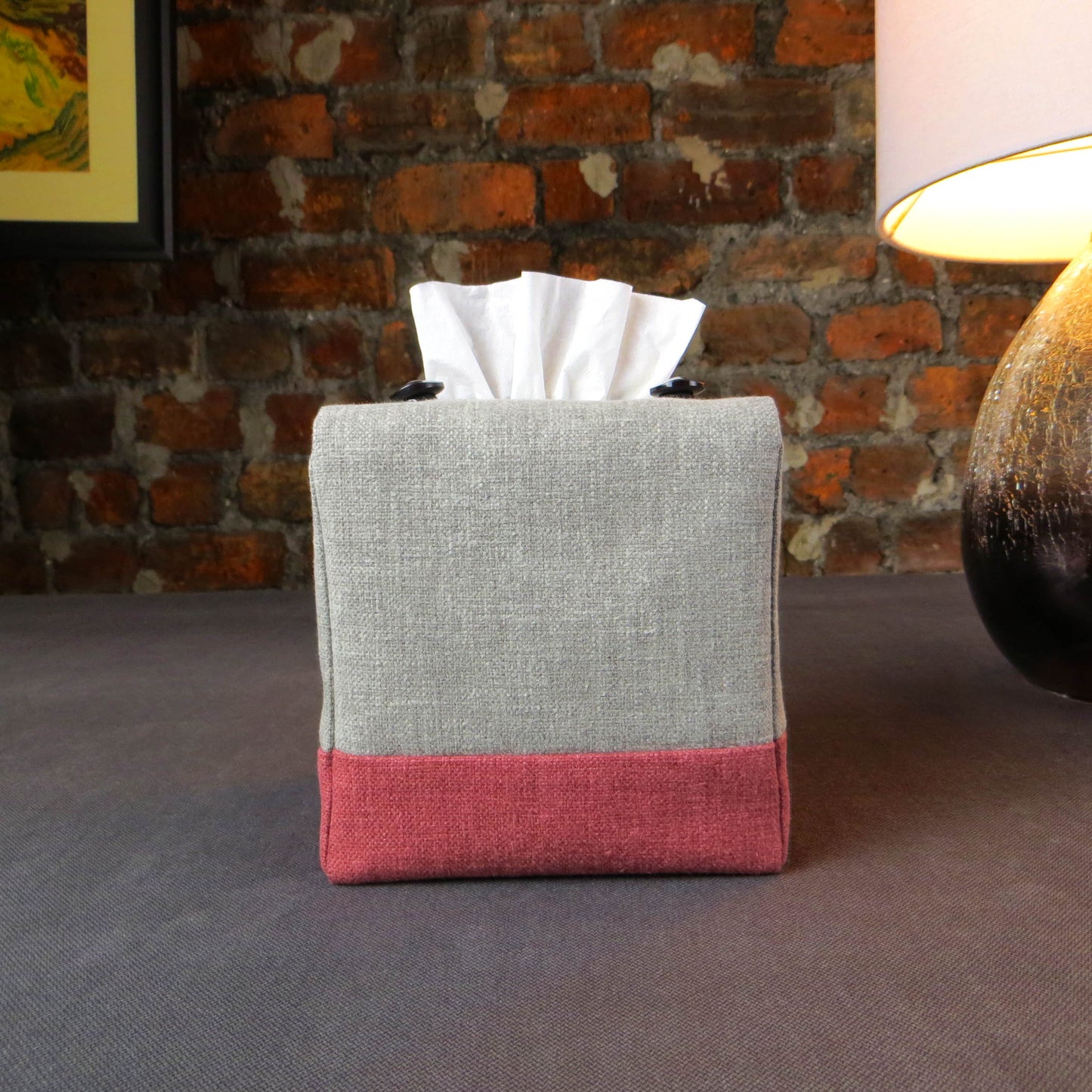 Cube Fabric Tissue Box Cover - Two Tone Taupe and Burgundy