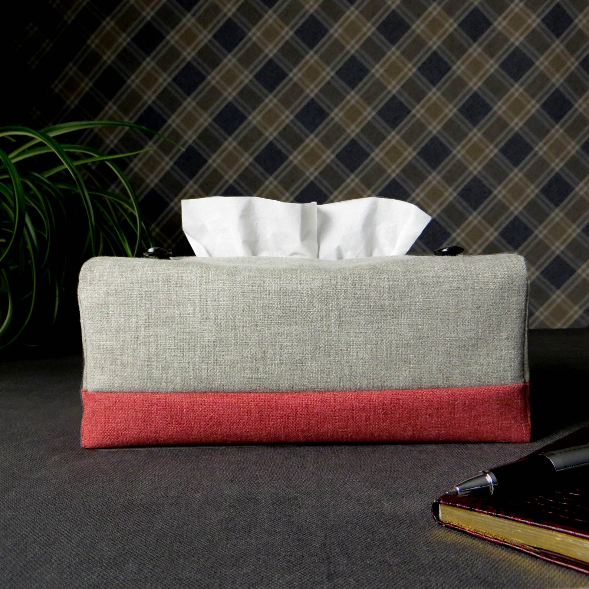 Rectangle tissue box cover with taupe top and burgundy base