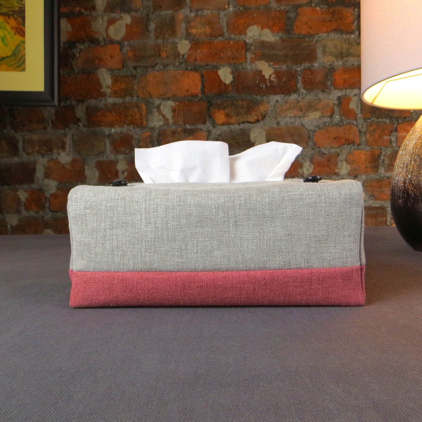 Rectangular Fabric Tissue Box Cover - Two Tone Taupe and Burgundy