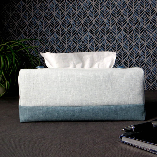 Rectangle tissue box cover with light blue top and dark blue base