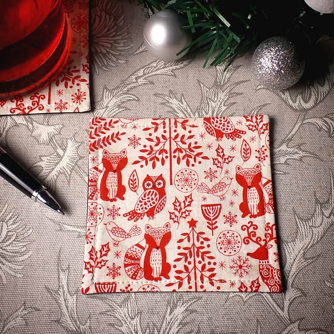 Square Fabric Coaster Set of 2 - Red Winter Forest Christmas Design