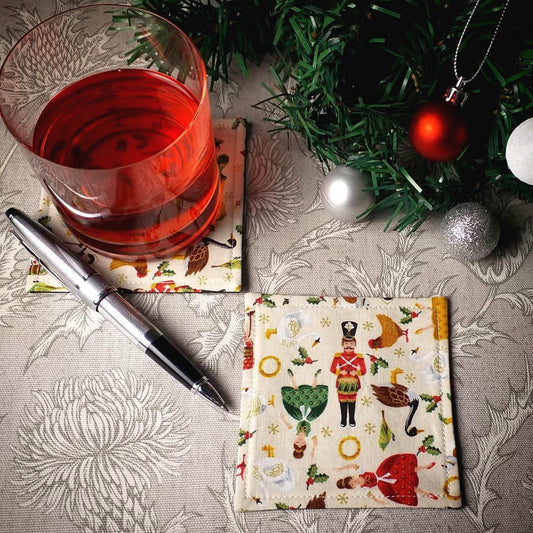 Square Fabric Coaster Set of 2 - Twelve Days of Christmas Design