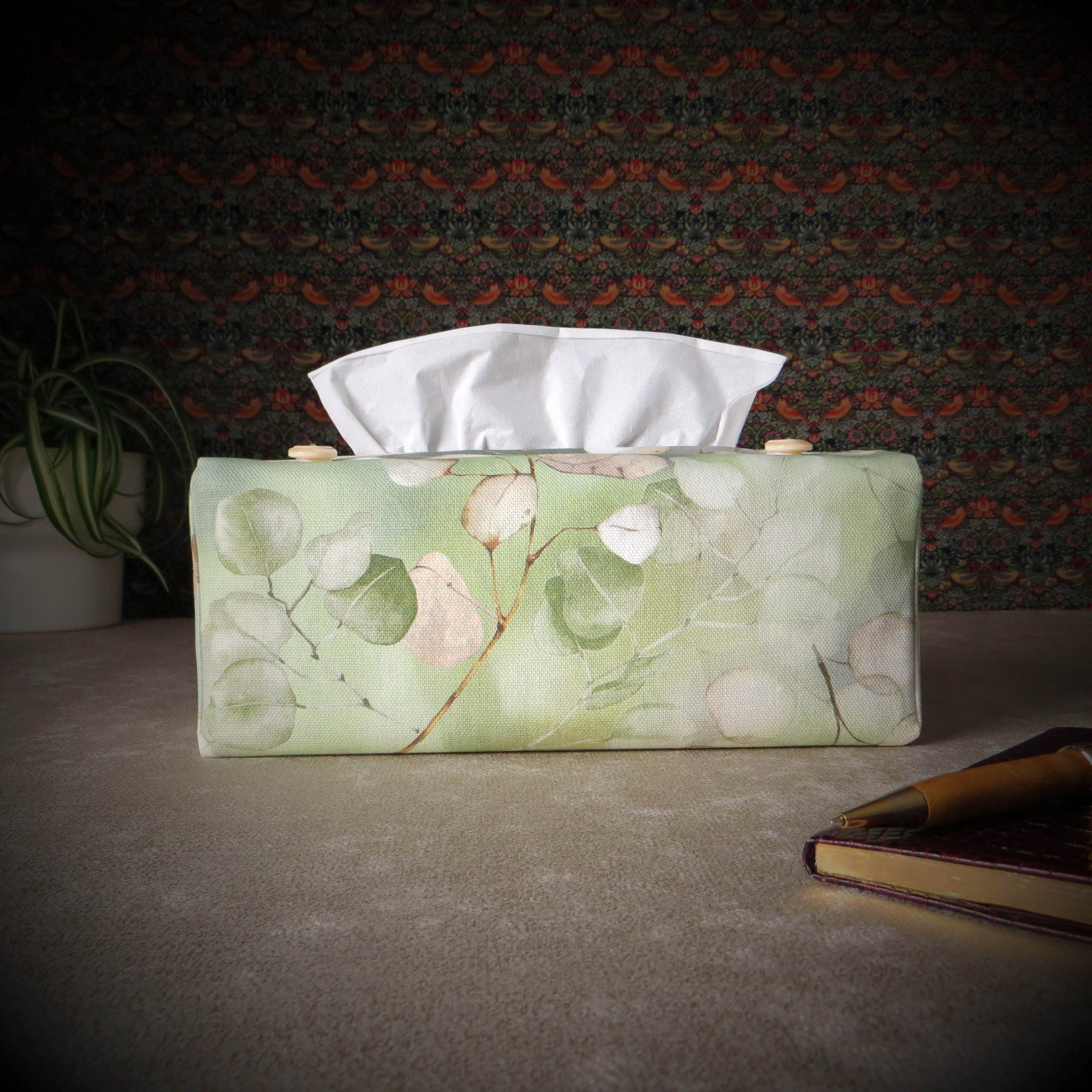 Printed cotton rectangle tissue box cover with lunaria leaf design on green background